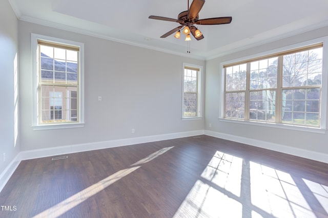 spare room with crown molding, dark wood-type flooring, and ceiling fan