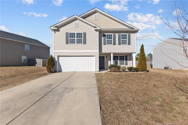 front of property featuring a garage, central AC, and a front lawn