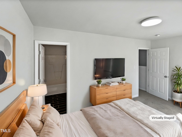 bedroom with light colored carpet