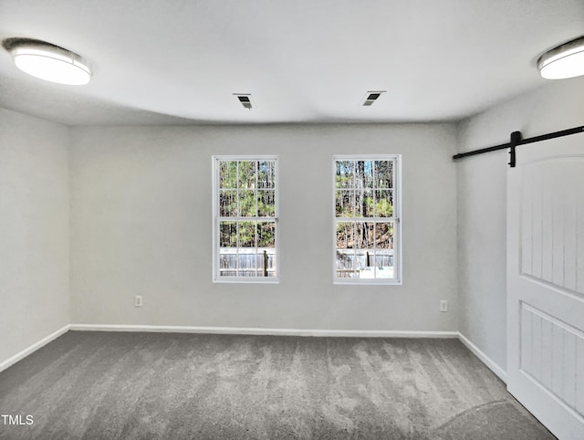 empty room featuring a barn door and carpet flooring