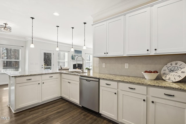 kitchen with light stone counters, a peninsula, white cabinetry, stainless steel dishwasher, and pendant lighting