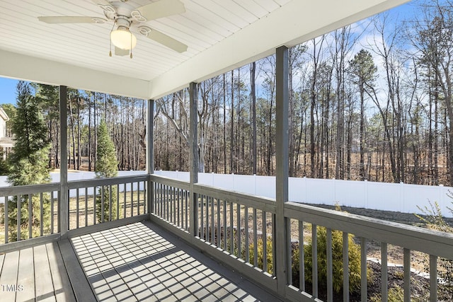 deck with ceiling fan and a fenced backyard