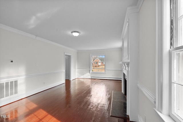 unfurnished living room featuring dark hardwood / wood-style floors, ornamental molding, a fireplace, and baseboard heating