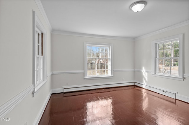 spare room featuring wood-type flooring and ornamental molding