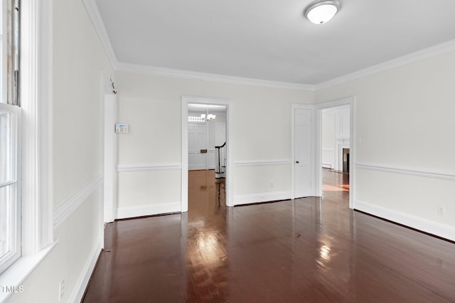 spare room featuring ornamental molding and dark hardwood / wood-style floors