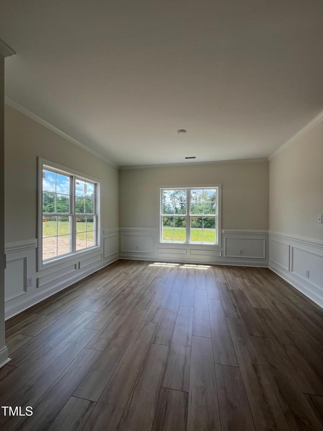 empty room with healthy amount of natural light, dark wood-style flooring, ornamental molding, a decorative wall, and wainscoting