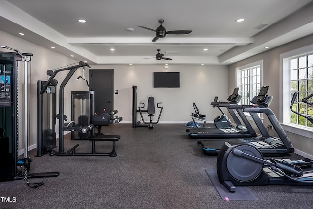 workout area with ceiling fan