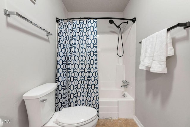 bathroom with shower / bathtub combination with curtain, a textured ceiling, and toilet