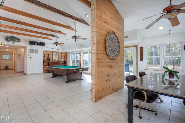 playroom featuring lofted ceiling with beams, light tile patterned floors, wooden walls, and billiards