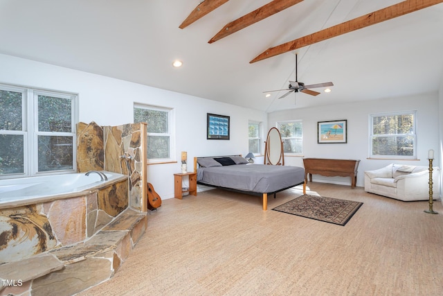 bedroom with beamed ceiling, high vaulted ceiling, and ceiling fan