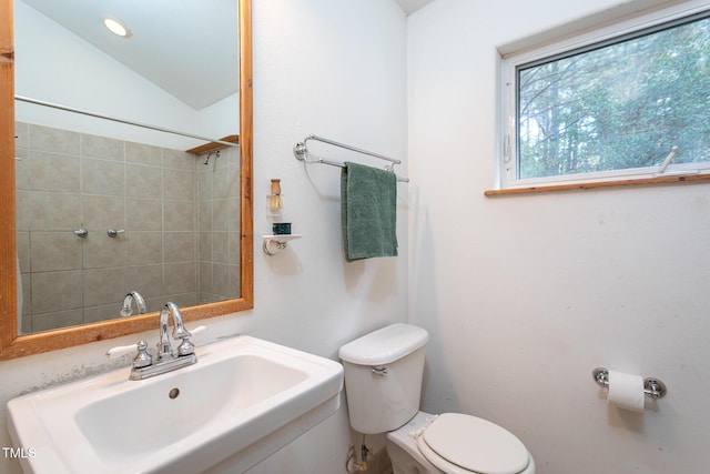 bathroom with lofted ceiling, toilet, and sink