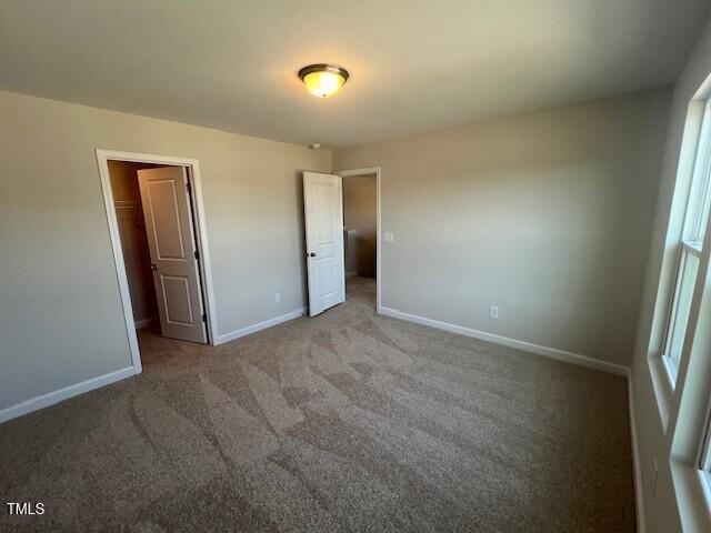 unfurnished bedroom featuring a closet, a spacious closet, baseboards, and carpet flooring