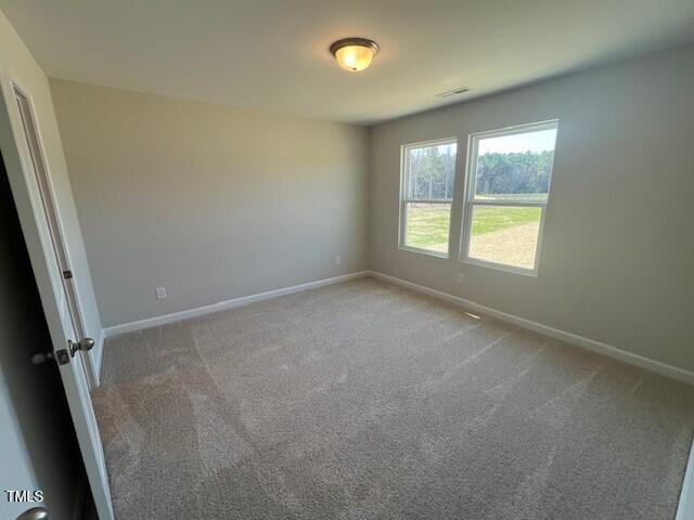 carpeted spare room with visible vents and baseboards