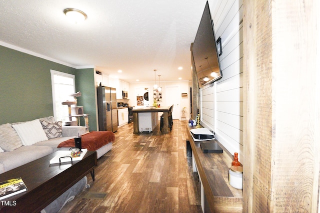 living room with crown molding, dark wood-type flooring, and a textured ceiling