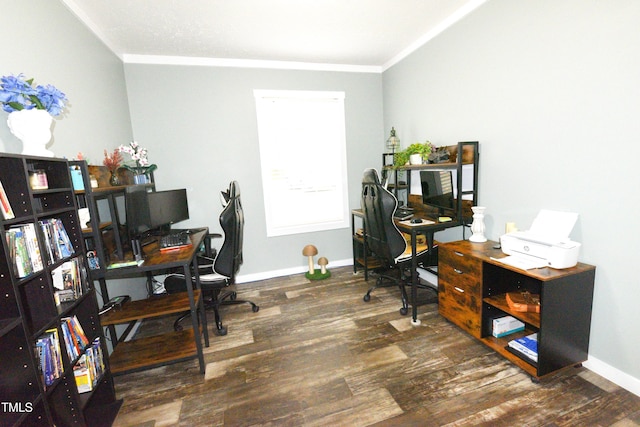 home office with ornamental molding, baseboards, and wood finished floors