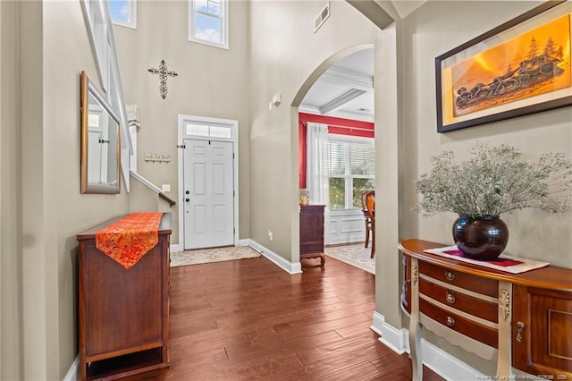 foyer entrance featuring a high ceiling and dark hardwood / wood-style floors