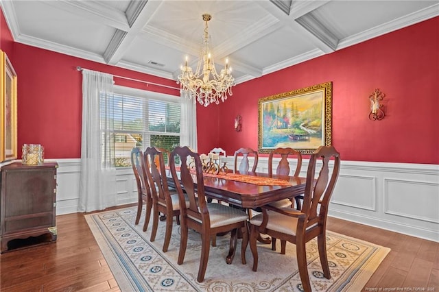 dining space with beamed ceiling, coffered ceiling, dark hardwood / wood-style floors, and a chandelier