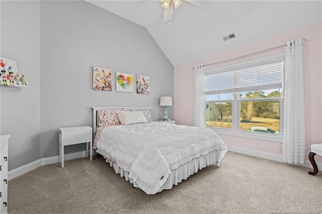 carpeted bedroom featuring vaulted ceiling and ceiling fan