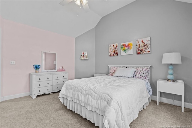 carpeted bedroom featuring lofted ceiling and ceiling fan