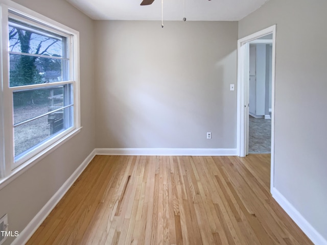 spare room featuring ceiling fan, a healthy amount of sunlight, and light wood-type flooring