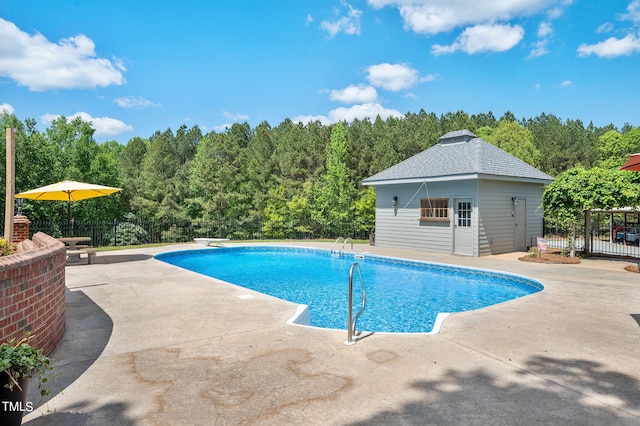 view of swimming pool featuring an outbuilding, a patio area, and a diving board