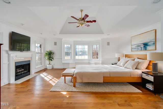 bedroom featuring ornamental molding, light hardwood / wood-style flooring, ceiling fan, and a tray ceiling