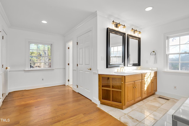 bathroom with hardwood / wood-style flooring, ornamental molding, vanity, and plenty of natural light