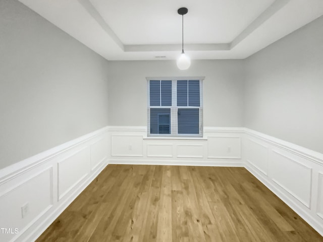 empty room with a tray ceiling and light hardwood / wood-style flooring