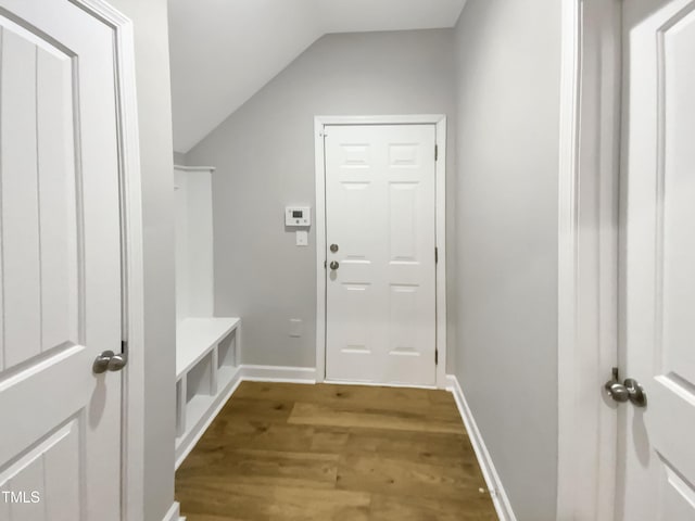 mudroom with lofted ceiling and light wood-type flooring