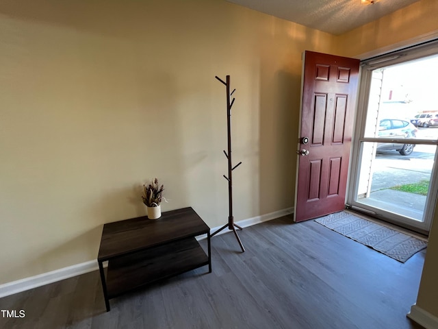 entryway with baseboards and wood finished floors