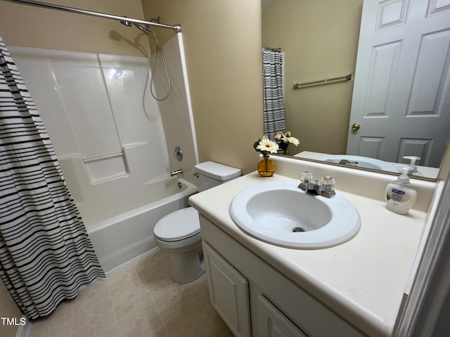 bathroom featuring vanity, toilet, and shower / bathtub combination with curtain