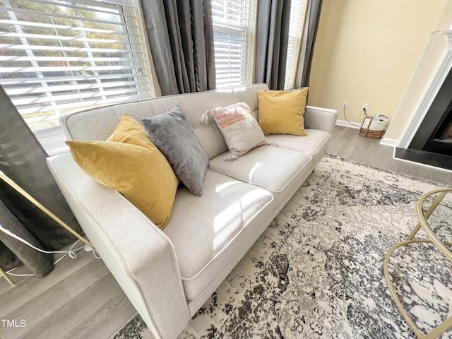 living room featuring a fireplace, wood finished floors, and baseboards