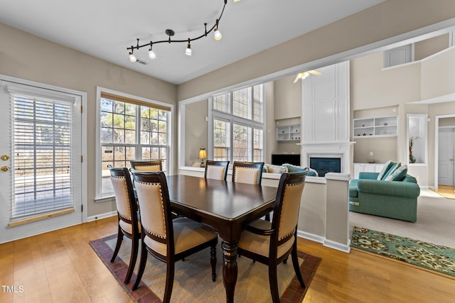 dining area featuring a fireplace, light hardwood / wood-style floors, and rail lighting