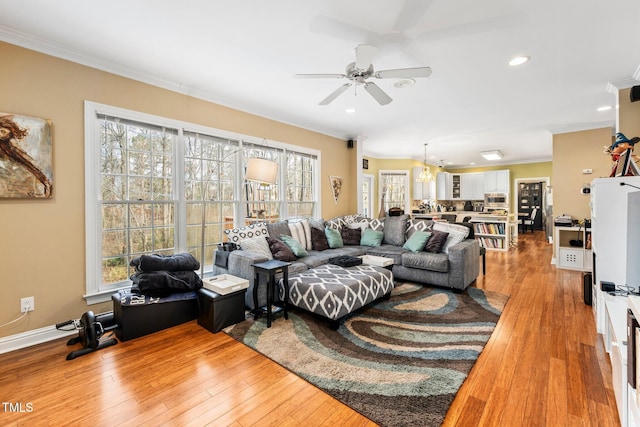 living room featuring hardwood / wood-style flooring, ceiling fan, and ornamental molding