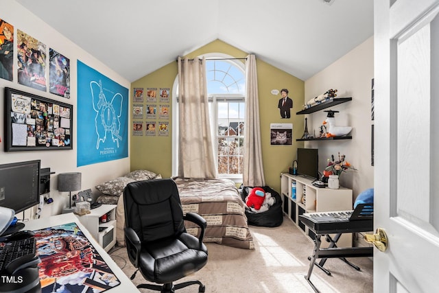 carpeted office space with lofted ceiling