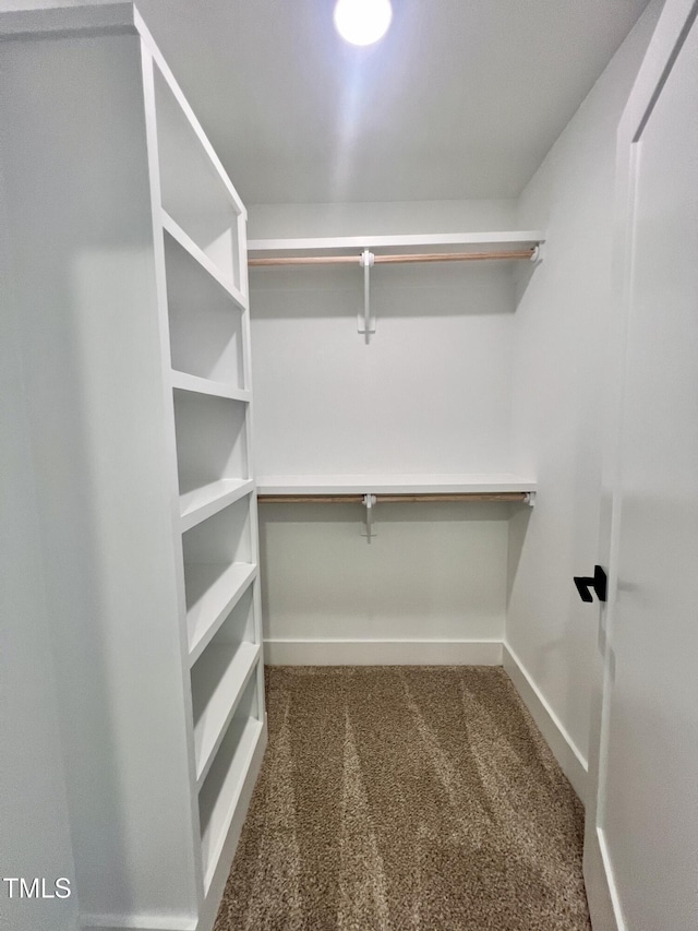 walk in closet featuring dark colored carpet