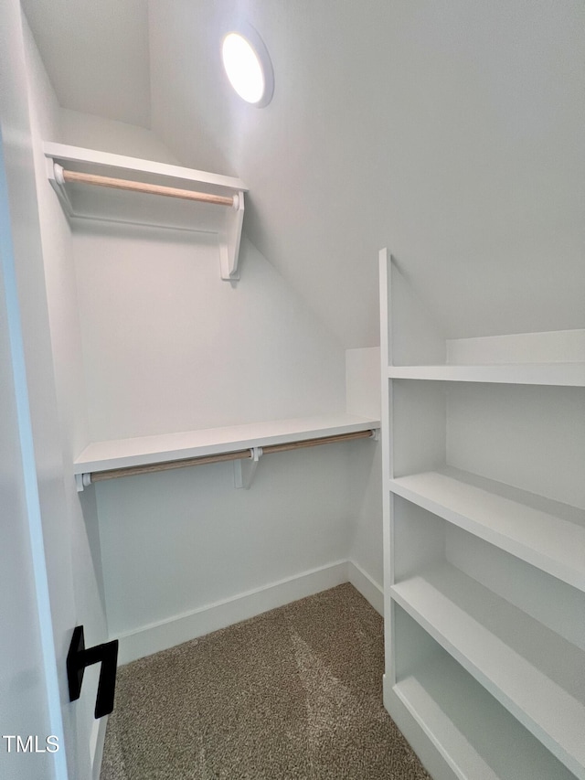 spacious closet featuring lofted ceiling and dark colored carpet