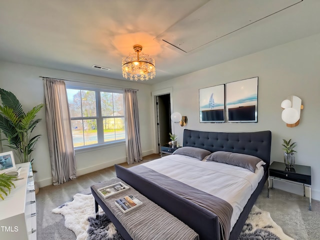 bedroom featuring light colored carpet