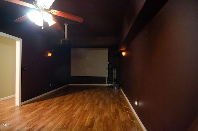 home theater with hardwood / wood-style floors and ceiling fan