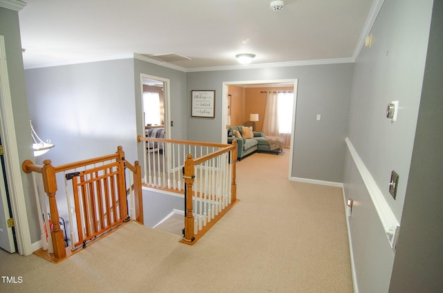 hallway featuring ornamental molding and carpet