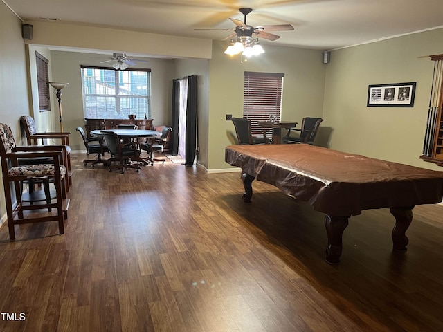 game room featuring dark wood-type flooring, billiards, and ceiling fan