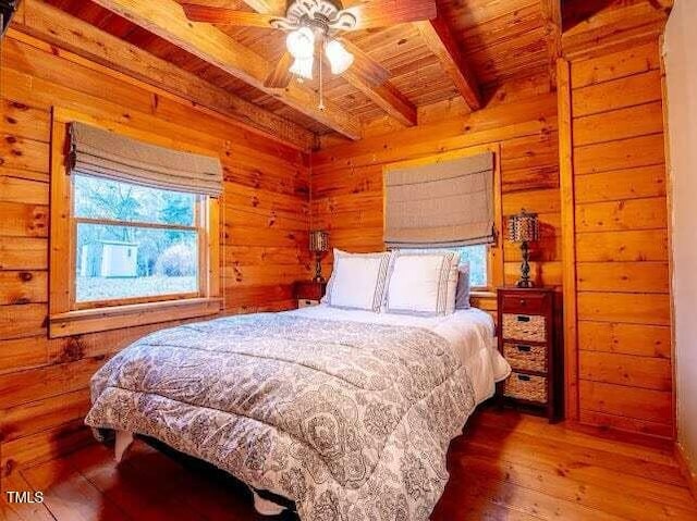 bedroom featuring beam ceiling, wood-type flooring, wooden ceiling, and wooden walls