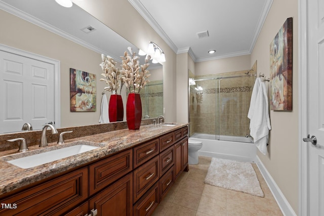 full bathroom with combined bath / shower with glass door, ornamental molding, vanity, toilet, and tile patterned floors