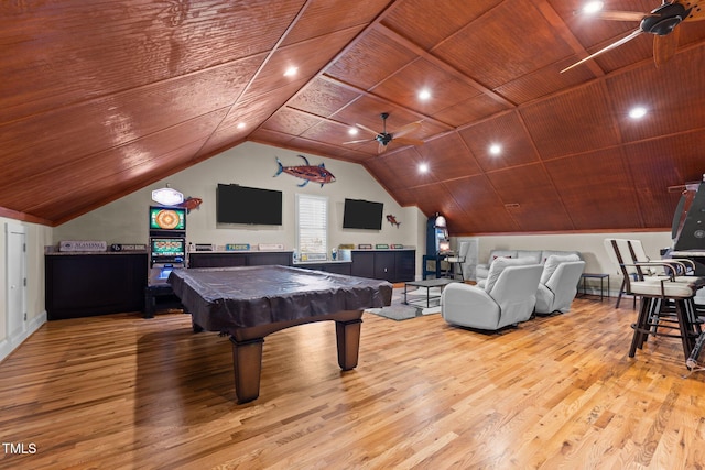 playroom with wood-type flooring, vaulted ceiling, ceiling fan, and wood ceiling