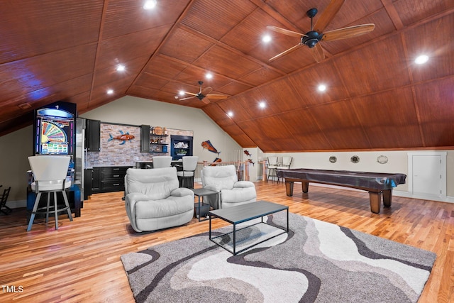 rec room with hardwood / wood-style flooring, pool table, wood ceiling, and lofted ceiling