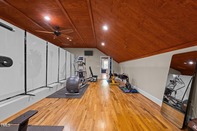 workout room featuring lofted ceiling, wood ceiling, ceiling fan, and light wood-type flooring