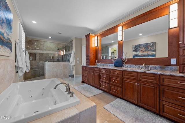 bathroom with vanity, tile patterned flooring, crown molding, and independent shower and bath