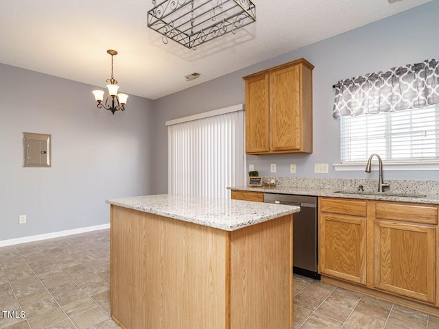 kitchen featuring light stone counters, a center island, stainless steel dishwasher, a sink, and electric panel