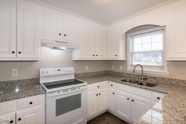 kitchen featuring white cabinetry, light stone countertops, sink, and white range with electric stovetop