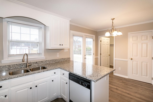 kitchen featuring sink, white cabinetry, kitchen peninsula, dishwasher, and light stone countertops